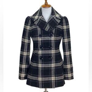 Steve Madden Black & White Plaid Double-Breasted Pea Coat Wool Blend Small